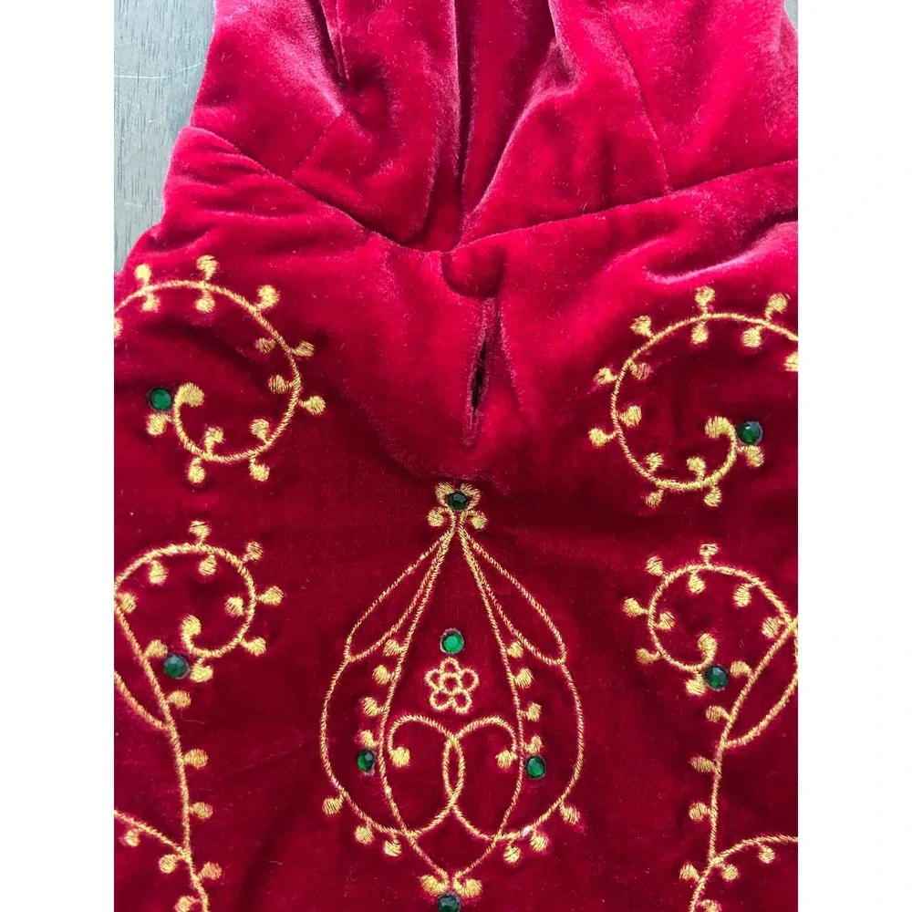 Pet Red Velvet Gold Embroidered Hooded Coat Faux Fur Trim Medium